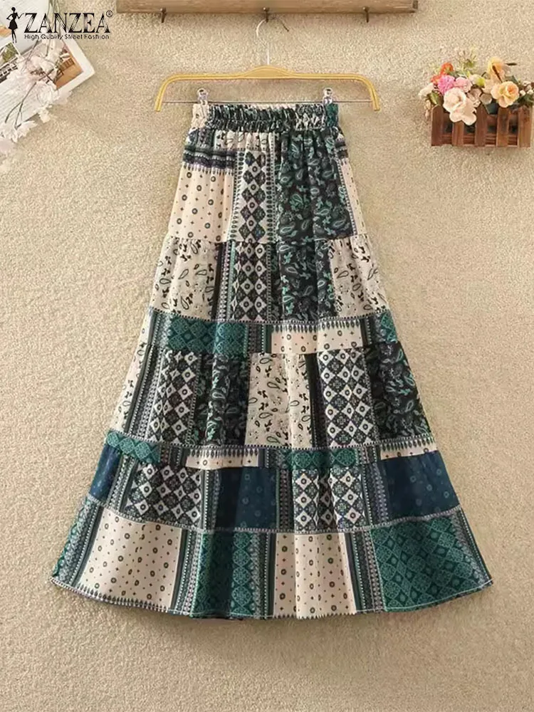 ZANZEA Women Elastic Waist Printing JupeSummer Bohemian Swing Skirts  2024 Vintage Holiday Loose Faldas Retro A-line Long Skirts