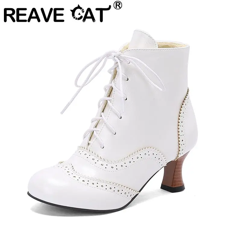 

REAVE CAT Ladies Shoes 2026 Women Ankle Boots Round Toe 6cm Block Heel Lace Up Winter Short Bota White Autumn Big Sizes 46-48