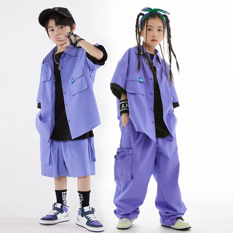 Kids Hip Hop Dance Costume Loose Overalls Purple Coat Pants Street Dance Clothing Boys Girls Jazz Drum Show Stage Clothes L10400