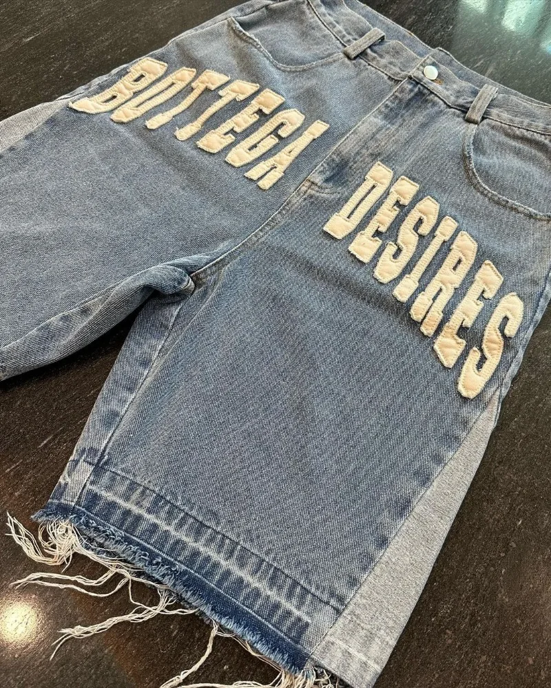 American Retro Fashion Brand Clothing Letter Embroidered Denim Shorts Men Y2k Street Fashion Loose Oversized Shorts Women