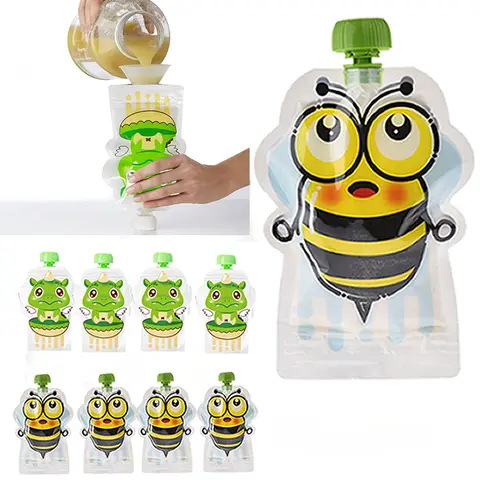 8pcs 아기 보완 식품 가방 재사용 가능한 150ml 홈 메이드 과일 퓌레 파우치 야외에 대 한 랜덤 리필 가능한 스크류 커버 봉인