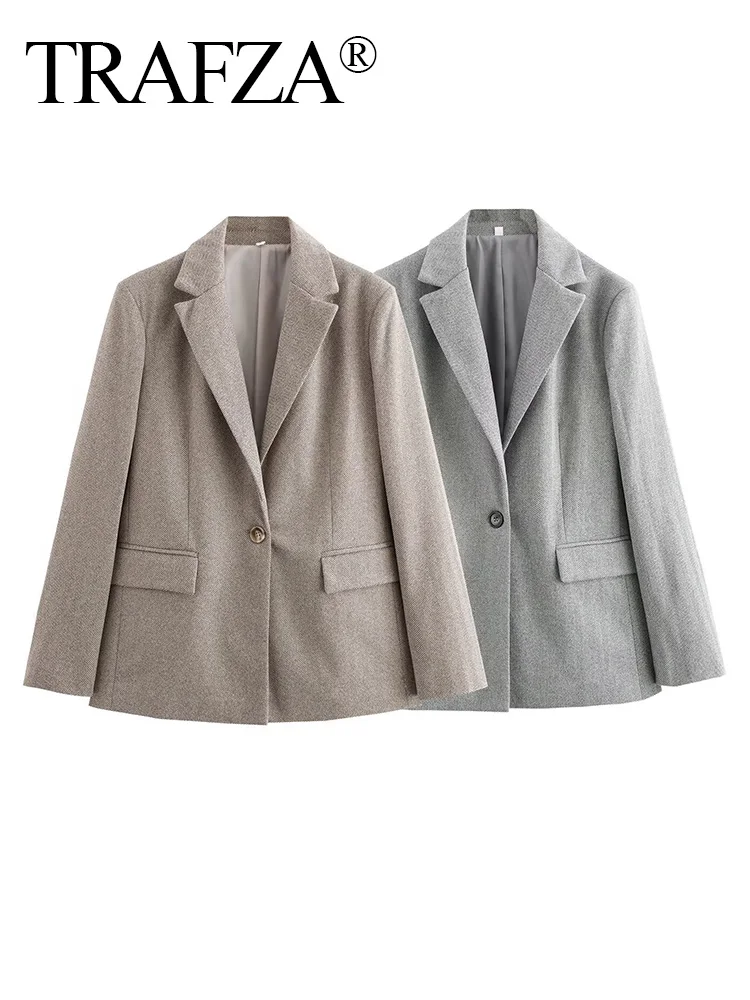 

TRAFZA Women Elegant Herringbone Twill Blazer Lapel Pocket Decorate Female Autumn Long Sleeve Coat Street 2-color Jacket Mujer