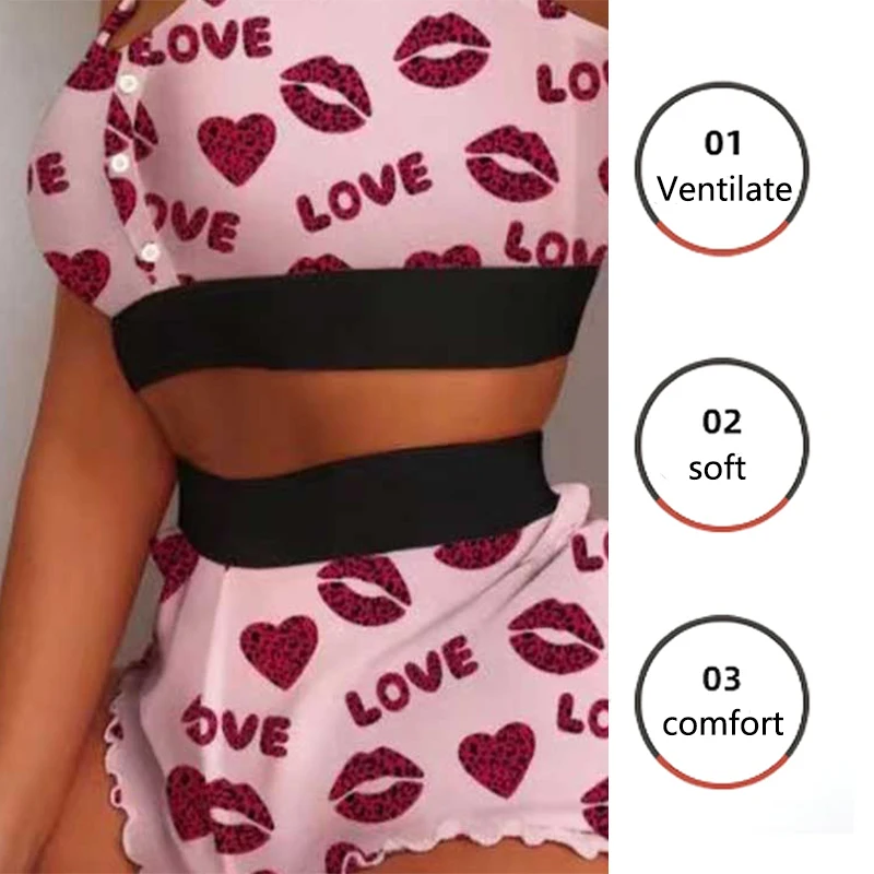 Fashion Milk Silk Printed Camisole Pajamas Cool Thin Tight Sweet Pajamas Plus Size Letter Red Lips Camisole Shorts Set 3xl