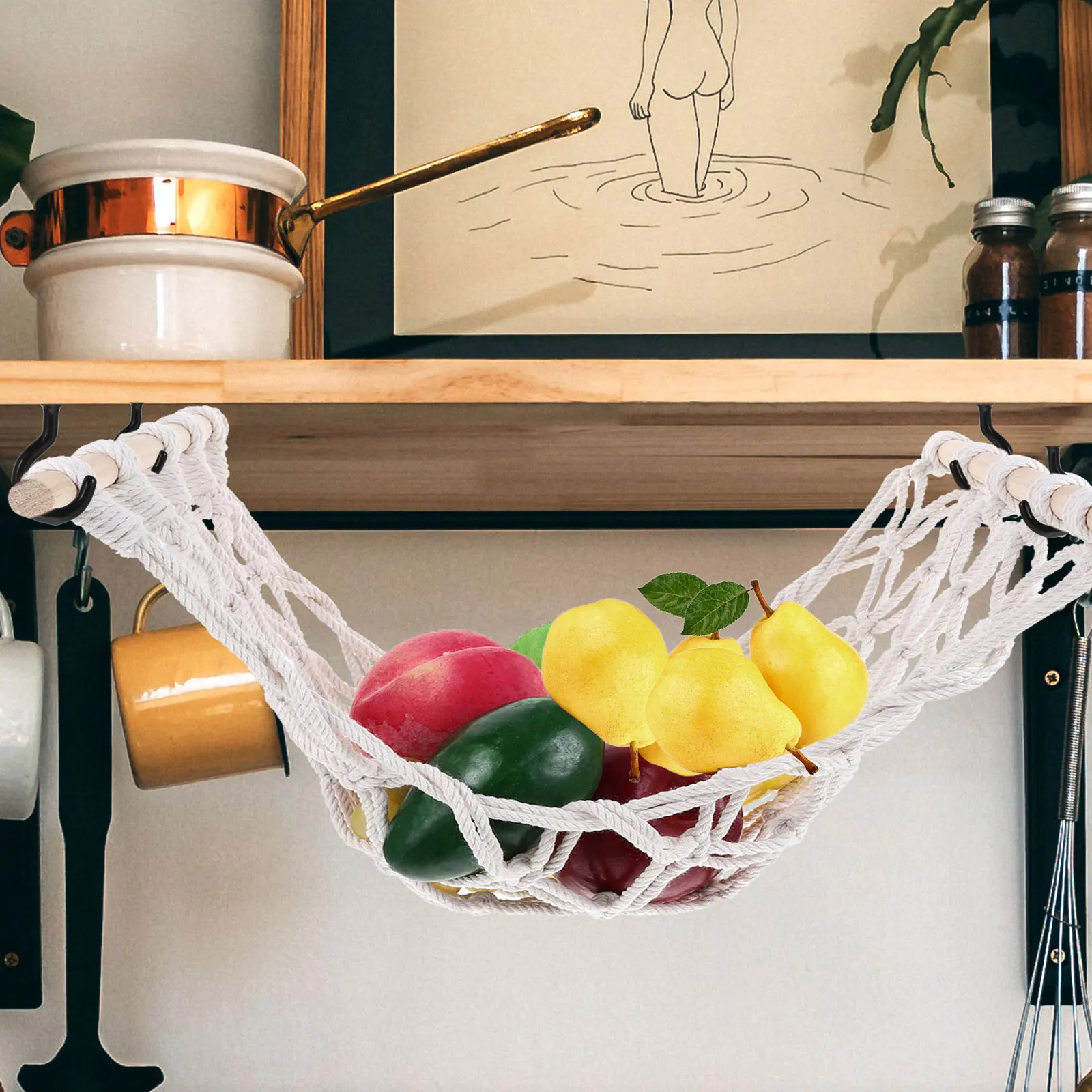 

Fruit Hanging Basket Wooden Stick Cotton Rope Net Bag Large Capacity Sturdy Home Storage Vegetable ganizer Decorative