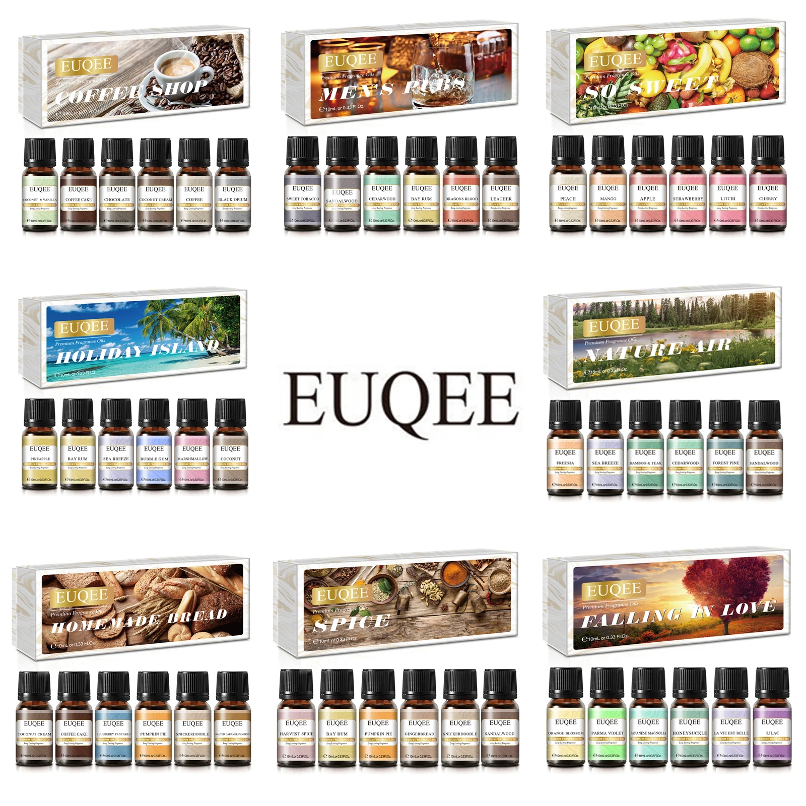 EUQEE 6 unids/set Kit de regalo de aceite aromático para difusor café panadería cosecha especias calabaza pastel bosque pino fruta dulce aceites aromáticos