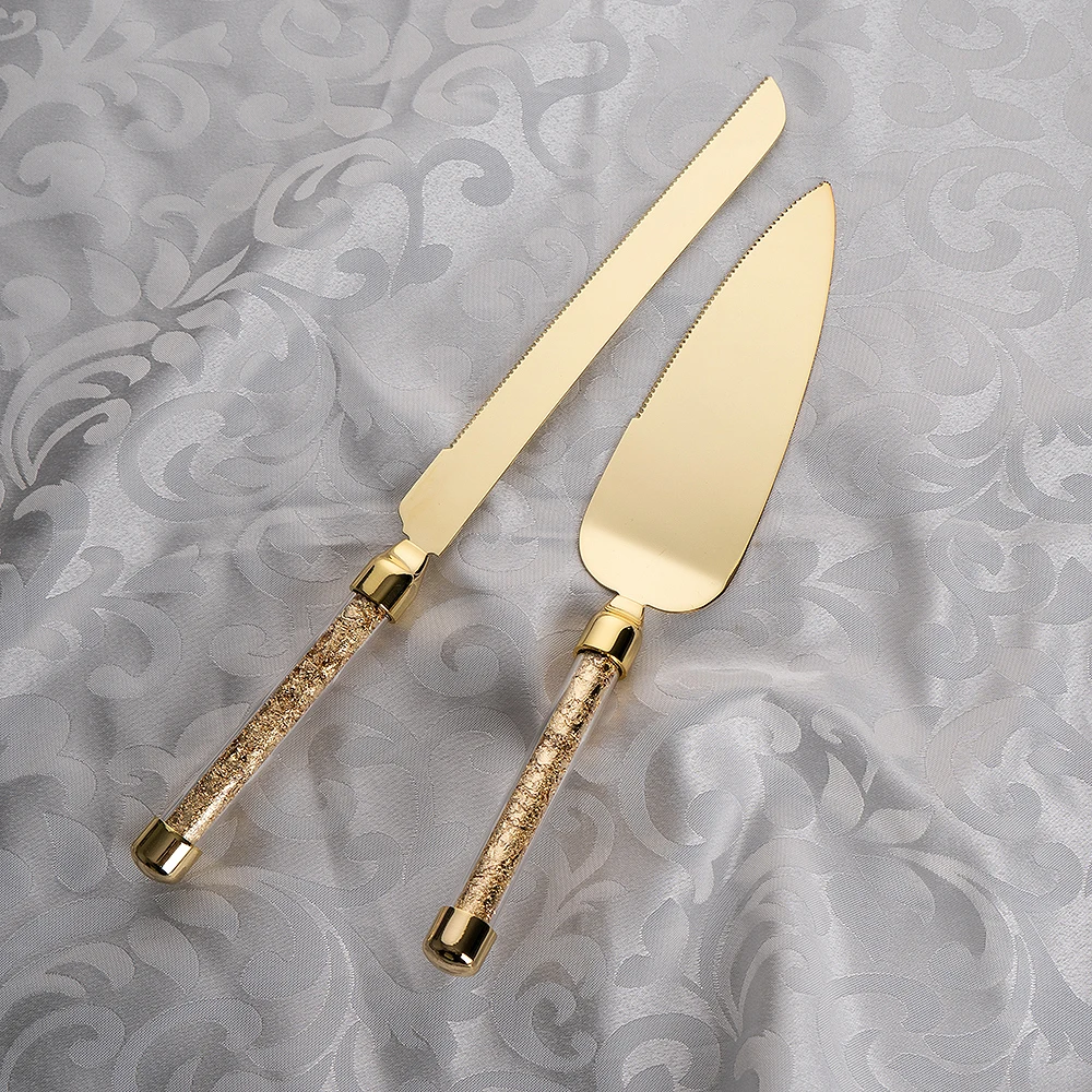 Venta al por mayor, cuchillo con mango de lámina dorada, vajilla larga para pastel, fiesta de cumpleaños, boda y cuchillo para pastel