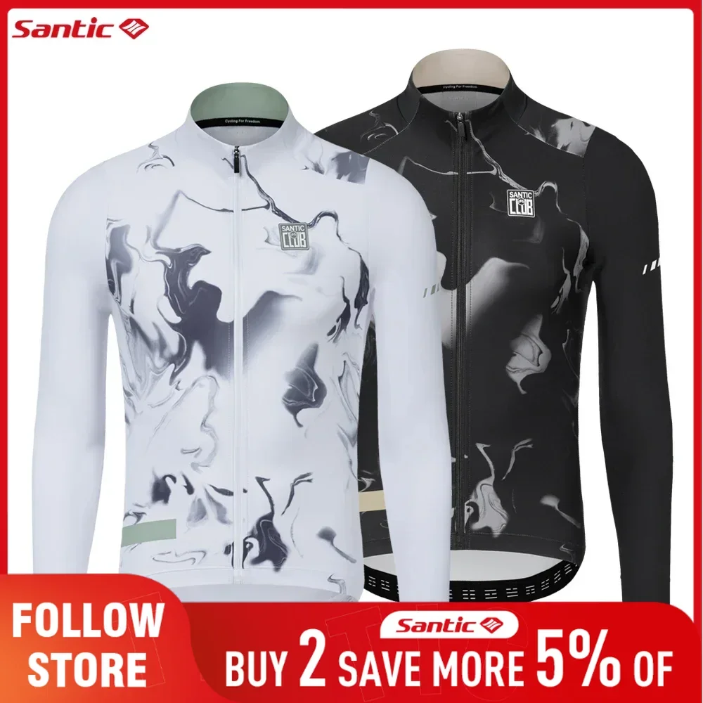 

Santic Men's Fleece Cycling Jersey Autumn Winter Long Sleeved Warmer Bicycle Clothing Outdoor MTB Road Riding Bike Jersey Tops