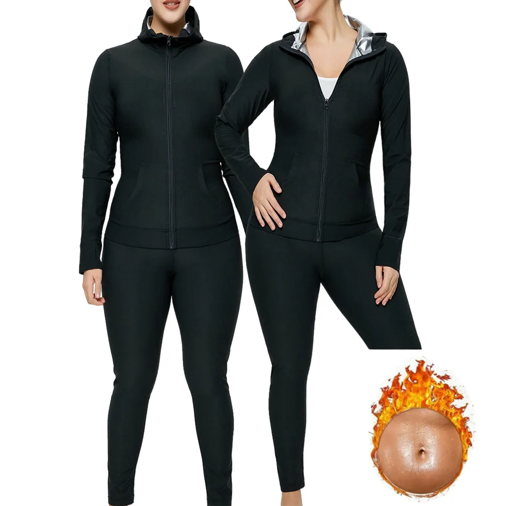 2pcs Sweat Sauna Suit Set For Women Full Zip Fitness Sauna Jacket Hoodie and Leggings Sauna Pants for Comfort and Performance He