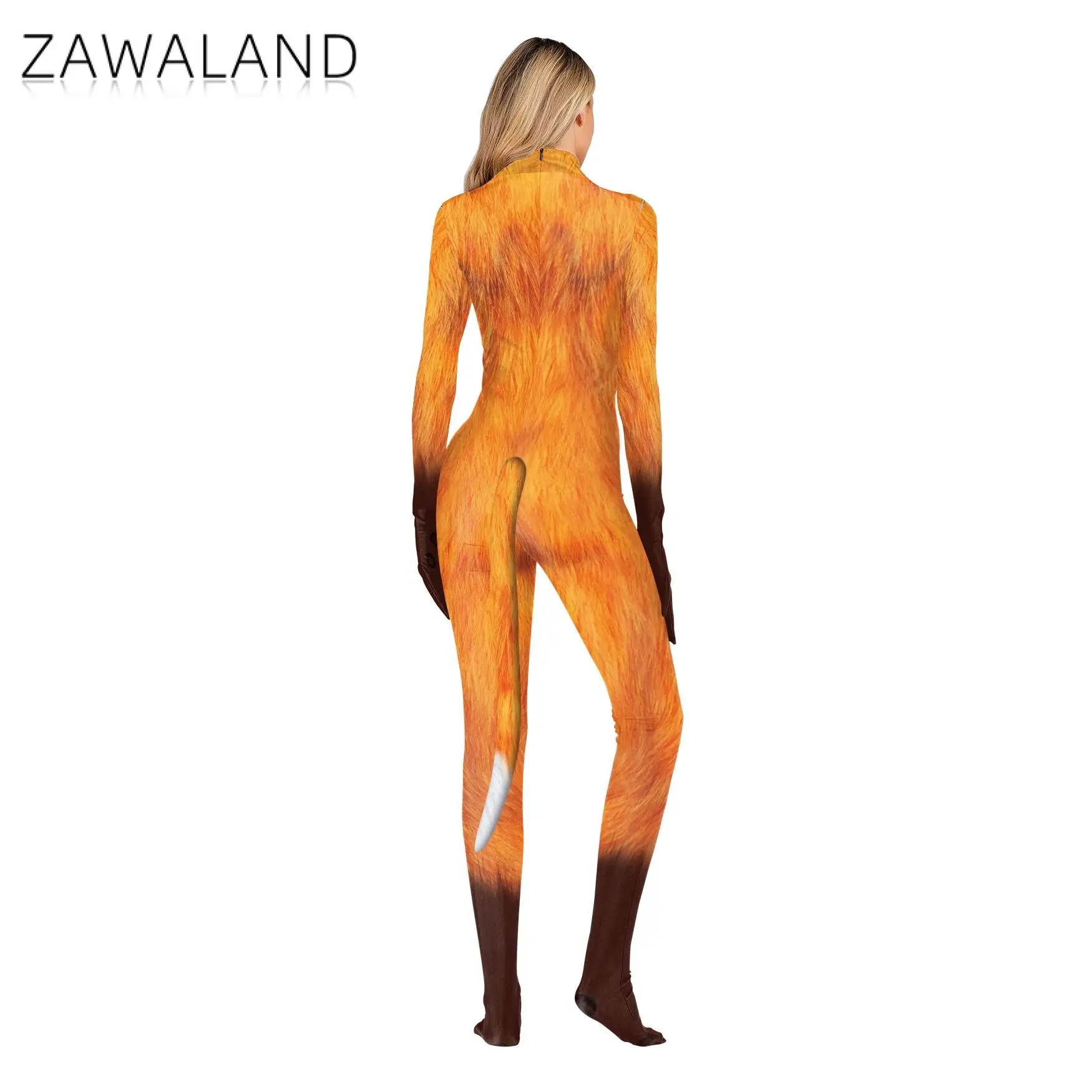 Zawaland Karneval Party Overall Ganze Kostüme 3D Fuchs Gedruckt Catsuit mit Schwanz Zentai Cosplay Kostüm Fitness Spandex Outfit