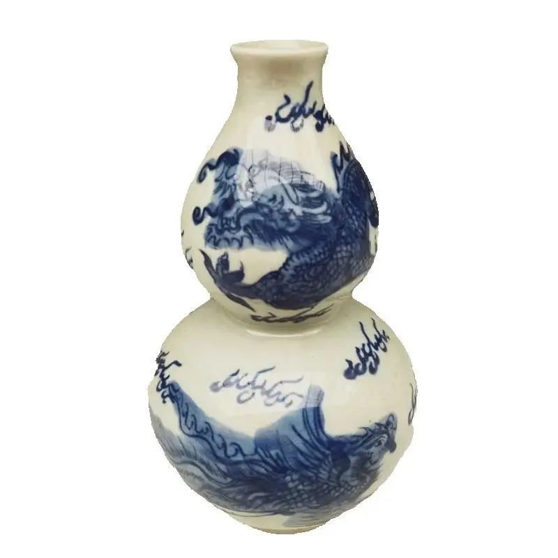 Chinese Old Porcelain Blue And White Gourd Vase Dragon Phoenix Pattern Traditional Asian Home Decorative Item