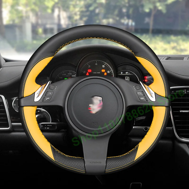 

Сшитый вручную нескользящий кожаный чехол на руль автомобиля для Porsche Cayenne 911 2010-2016, аксессуары для интерьера Panamera Boxster