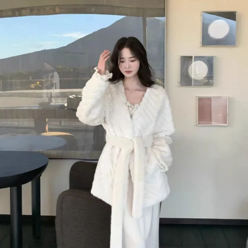 Winter Striped Women Tops Mink Coat Luxury Eco-friendly Fur Faux Mink Soft Belted Coats Long Sleeve Jacket Clothing Trendy New