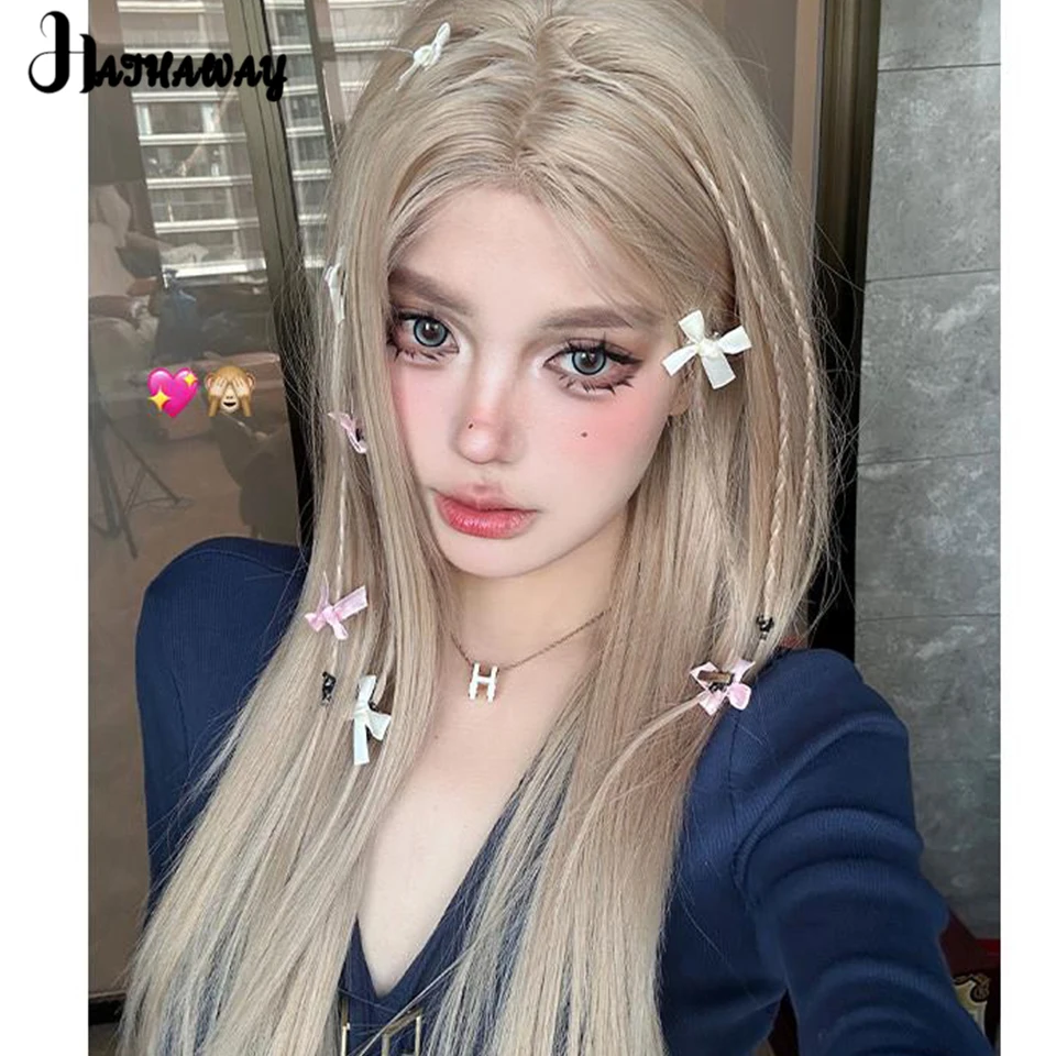 Synthetic Wigs Long Straight Hair Platinum Women Fluffy Natural Smooth Long Straight Hair Small Lace Temperament Wig Daily Wear