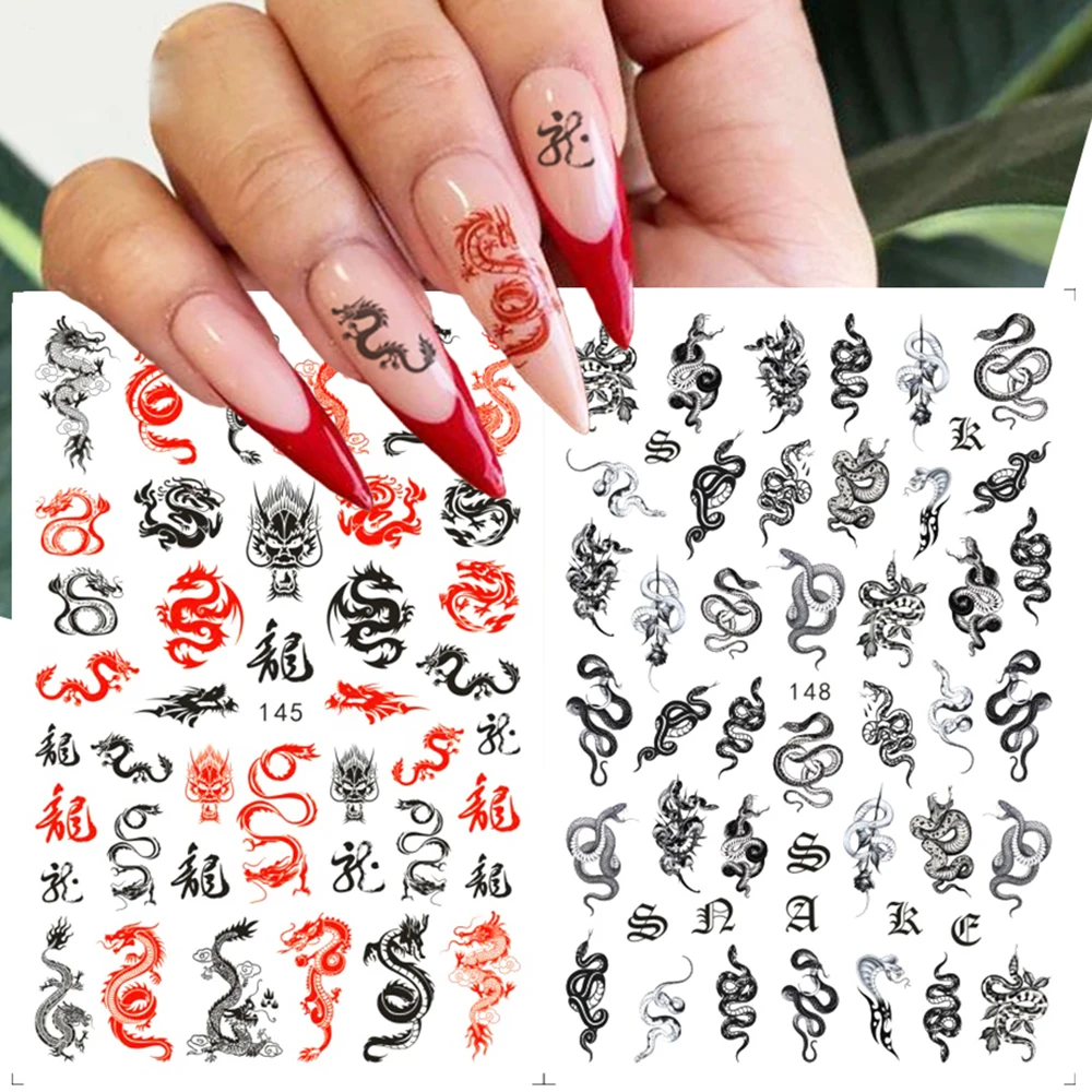 China Dragon Snake Gothic Letter Style 3D Nail Stickers Self Adhesive Slider Nails Decals Wraps Art Decoration