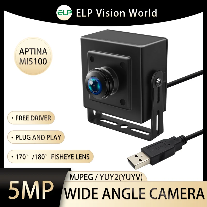 

ELP 5MP Webcam Wide Angle USB Camera With Fisheye Lens 1080P 30FPS Aptina MI5100 Sensor Security Camera With Aluminum Case