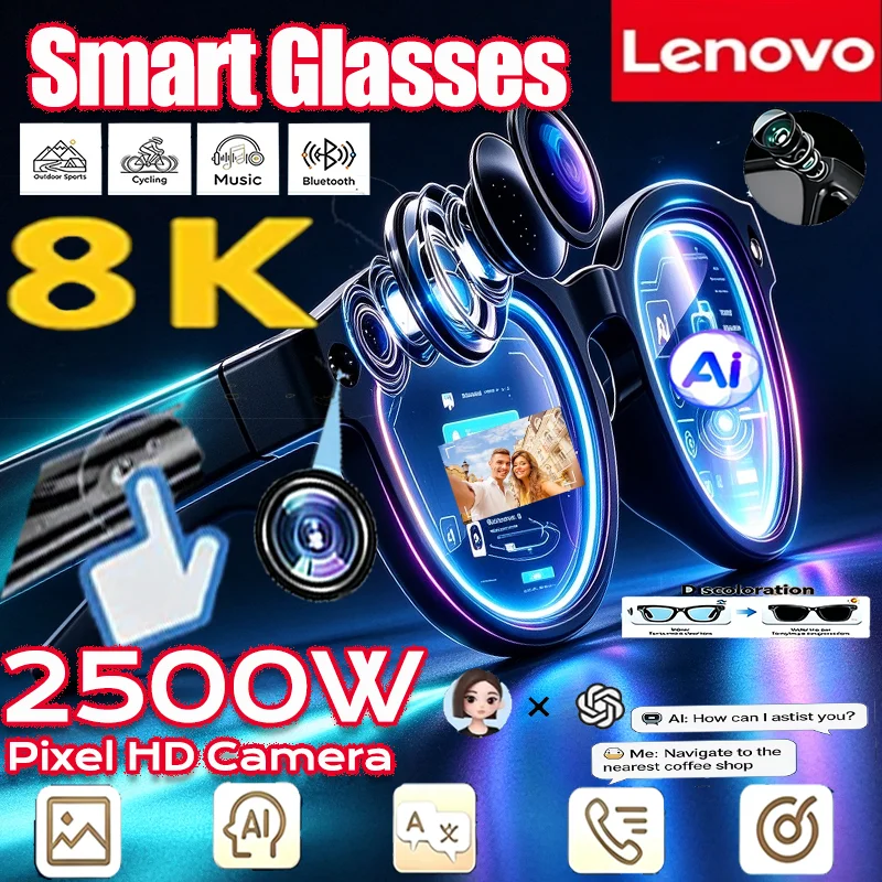 Lenovo AI 8K HD 2500W Smart Glasses Cycling Translation Video Photo Bluetooth Call Motorcycle UV400 ChatGpt Sports Sunglasses