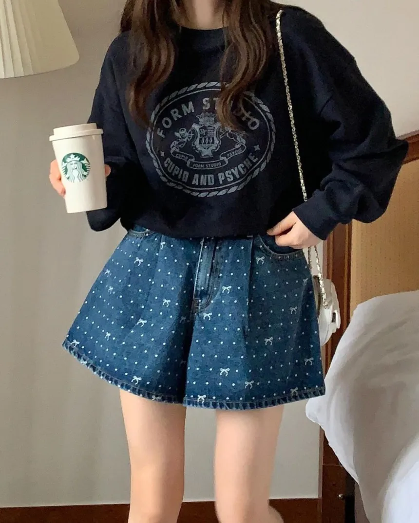 High Waist Polka Dot Denim Shorts Women's Sweet Waist Cinching  Knot Wide Leg Short Pants Spring Summer Blue Jeans