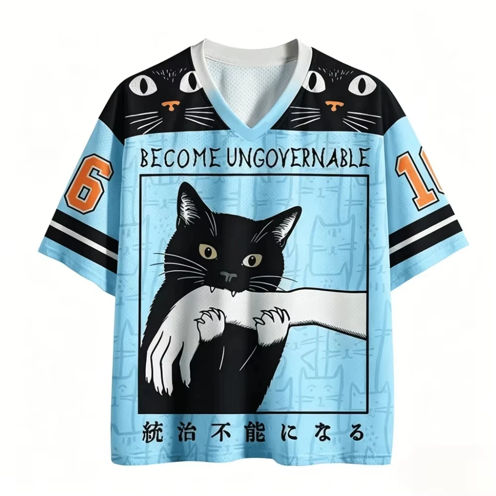 Unisex V-neck Mesh Jersey, Trendy and Cool, Black Cat Bite Print, Loose Short Sleeved T-shirt American Street Hip-hop Sports Top