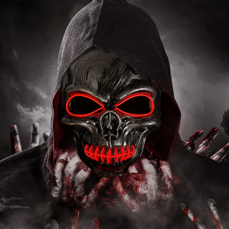 قناع جمجمة شريرة للهالوين كرنفال حفلة تنكرية منزل مسكون ديكور مخيف كوسبلاي هيكل عظمي مخيف موضوع حفلة تضيء قناع
