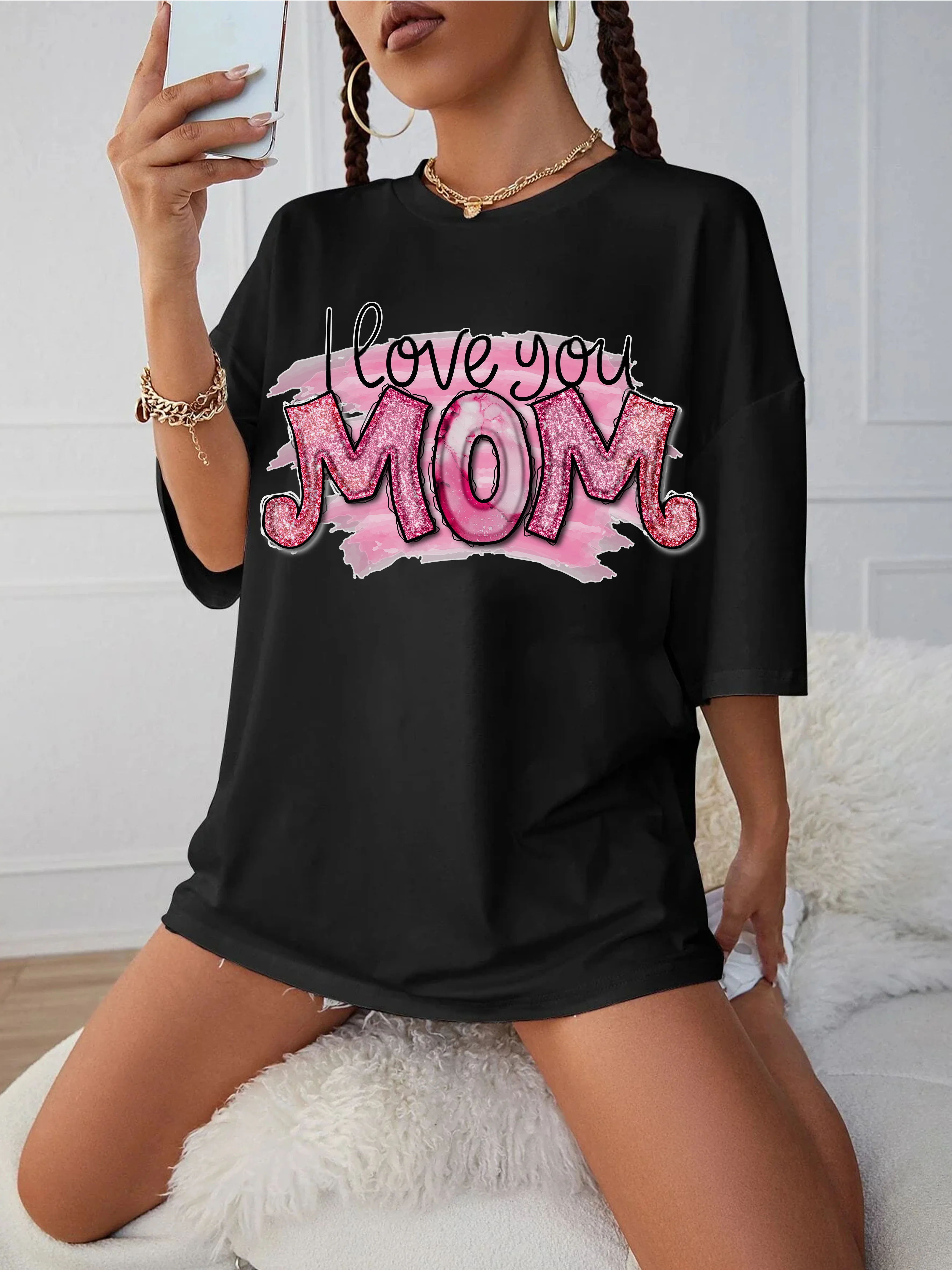 

I Love You Mom Maternity T-Shirt for Women Black Round Neck Loose Fit Comfortable for Late Pregnancy