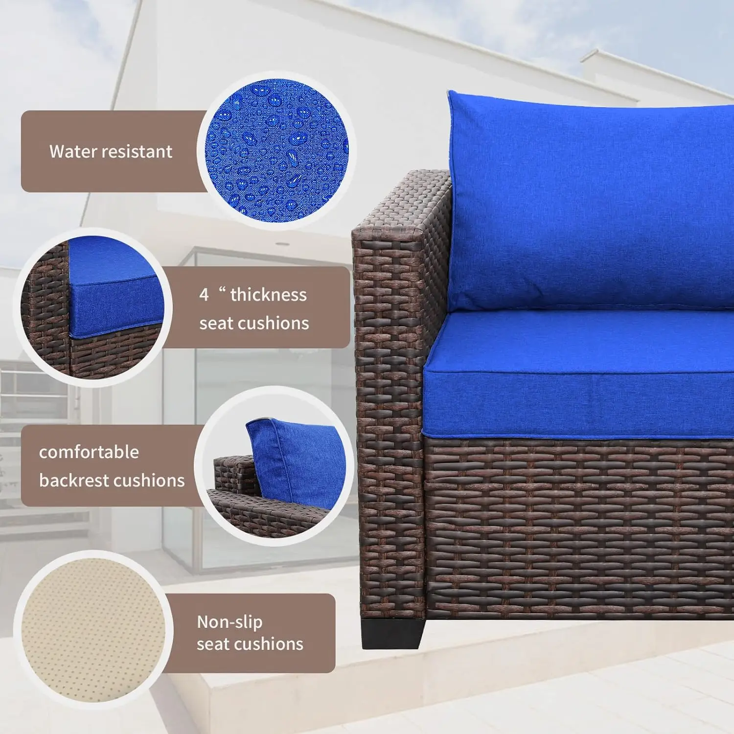 Rattan Furniture Set Outdoor PE Wicker Conversation Couch,  Sofa Couch with Fire Pit Table Non-Slip and Washable Royal