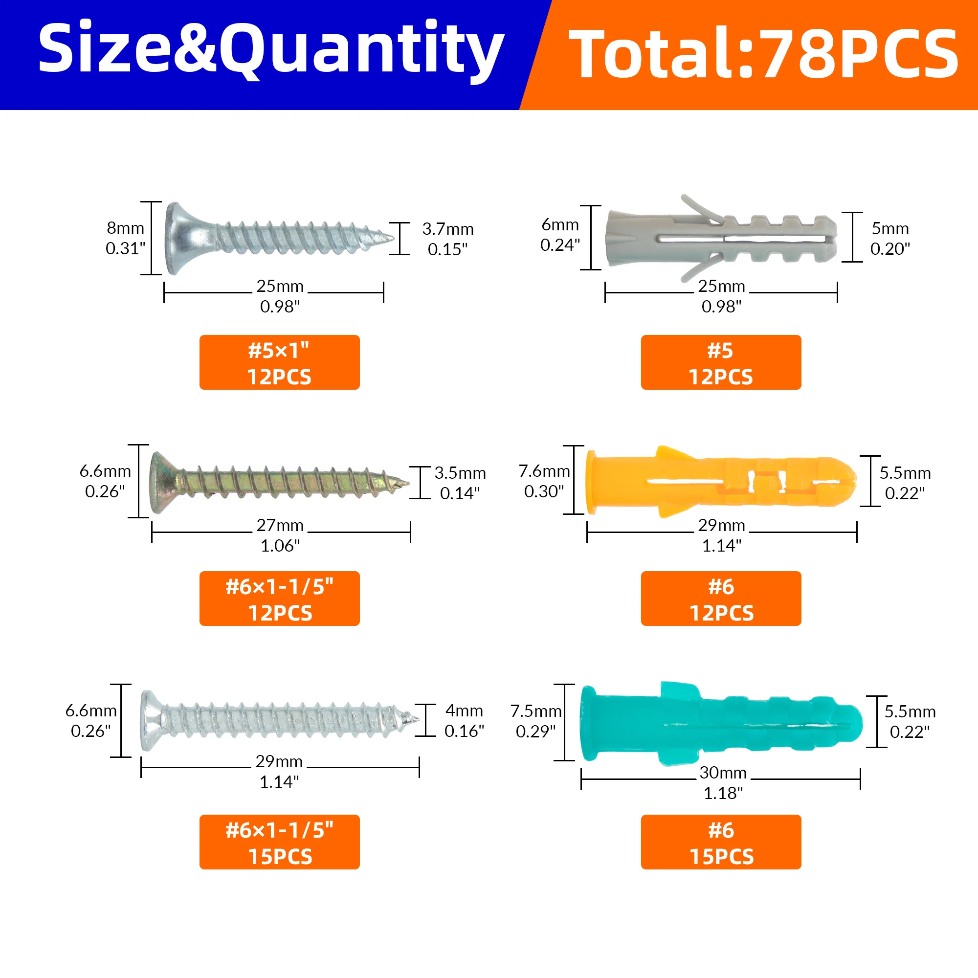 78PCS Drywall Anchors and Screws Kit, 39 Plastic Dry Wall Anchors & 39 Philips Flat Head Screws, 4 Sizes Screws and and Anchor