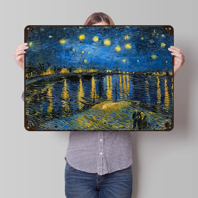 Starry Night Over Rhone Printed Poster Customized Wall Art Retro Vintage Metal Tin Signs for Modern Home Decoration Luxury House