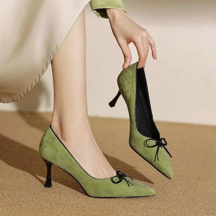 Vintage Green Suede Women Shallow Pumps Sexy Pointed Toe Bowknot Thin High Heels Prom Party Shoes Black Office Working Zapatos