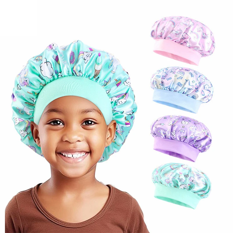 Cartoon Print Unicorn Children's Shower Cap Adjustable Fashion Satin Silk Baby Night Sleep Cap Children's But Sleep Cap Headband