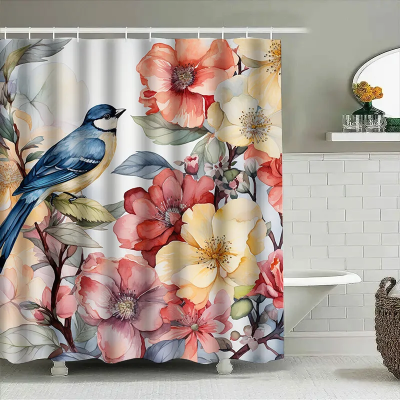 

Exquisite Bath Shower Curtain with Watercolor Floral Design and Blue Bird Decoration for Home Decorations Modern Style White Flo