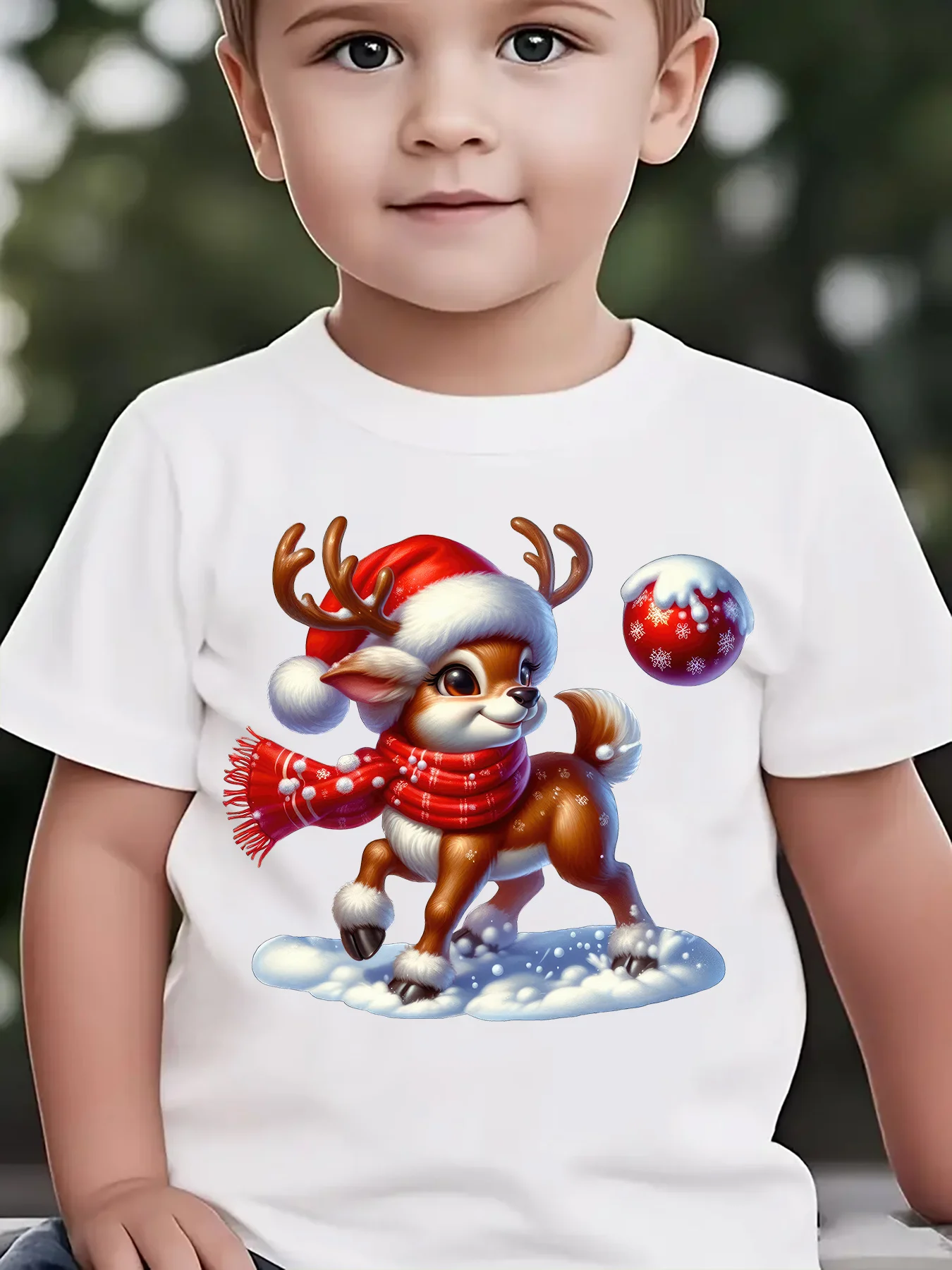 Kids Boys Girls Parent Child Matching Tee Christmas Cute Reindeer Santa Hat Scarf Graphic Print Short Sleeve Crew Neck Soft Tee