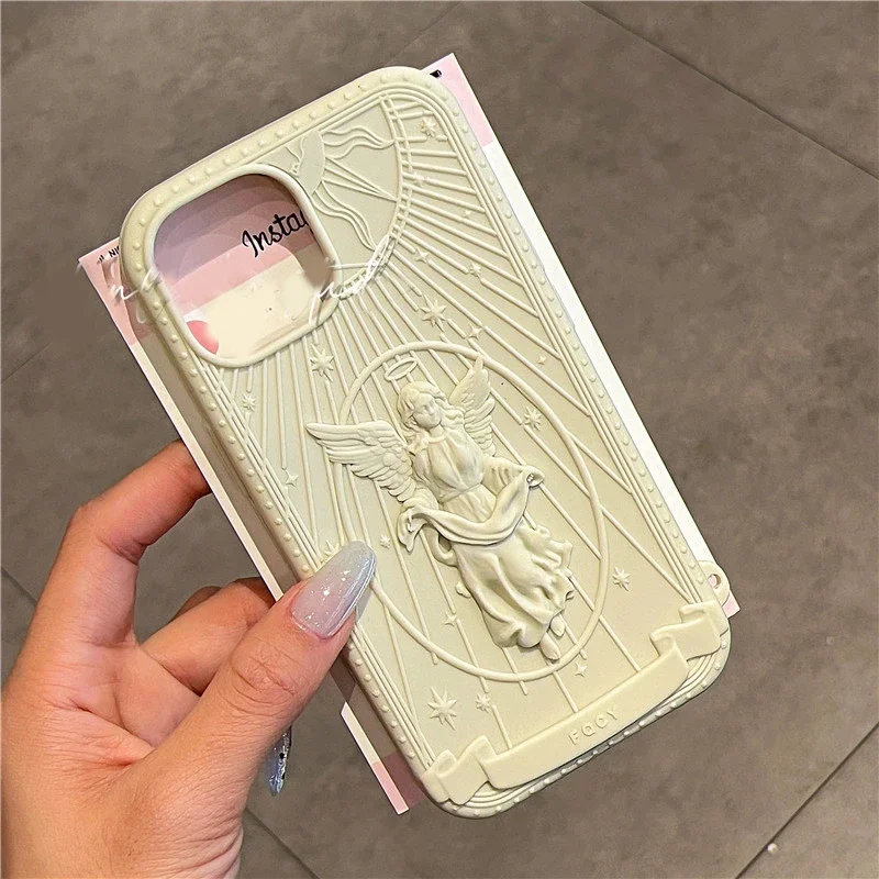 Retro Aesthetics 3D Angel Girl Silicone Phone Case For iPhone 16 15 14 13 12 Pro Max Medieval Retro Muse Statue Shockproof Cover