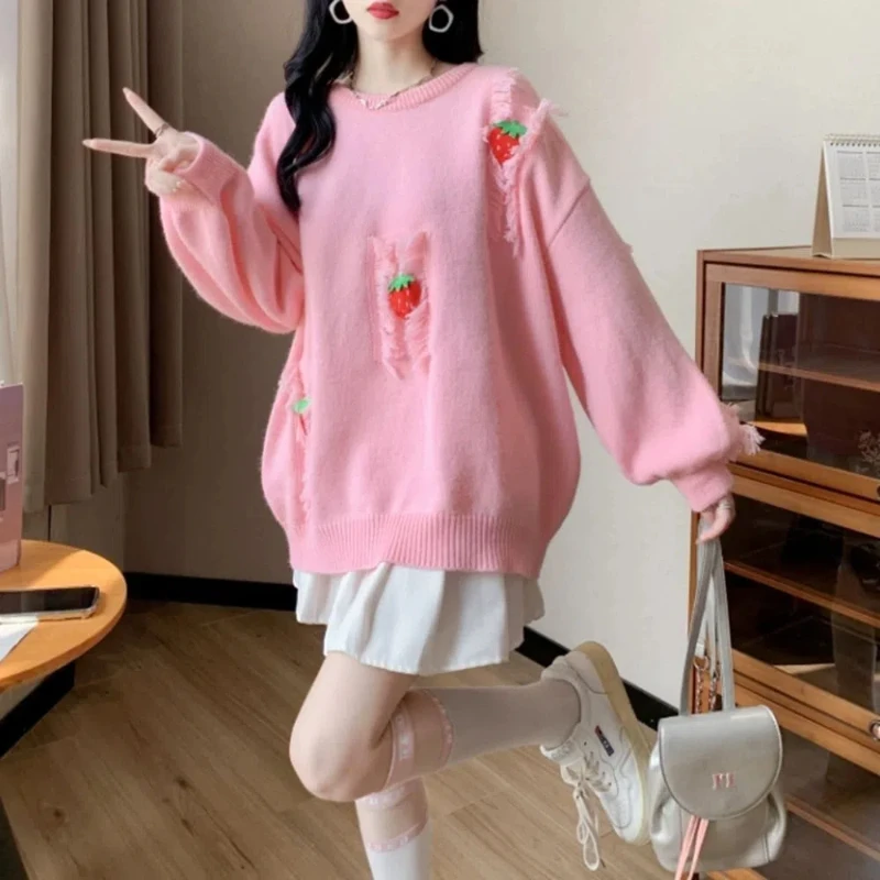 Sweet New Round Neck Strawberry Sweater for Women Loose Fit Lazy Style Cute and Versatile Medium to Long Knitted Sweater Top
