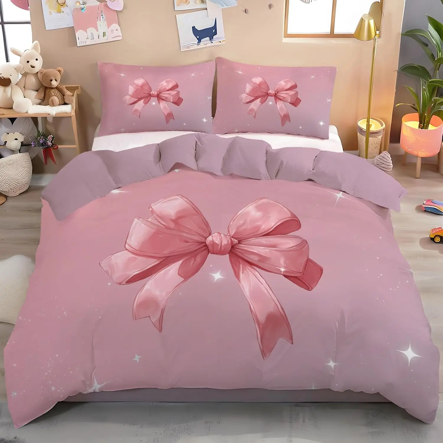 Cute Anime Style Bow Quilt Cover Single Size 135x200cm With 1 Pillowcase 50x75cm Blush Powder Dreamy Bedding