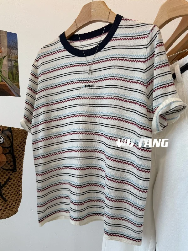 

plus Size Knitted T-Shirt White Wave Blue Line Pattern Short Sleeve Women's Summer Top Breathable Comfortable Polyester Fiber