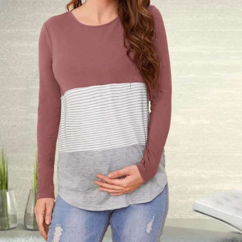 

Полосатая футболка для беременных с длинными рукавами и длинными рукавами для кормления грудью, мягкая и удобная футболка с круглым вырезом