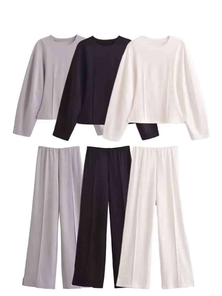 HH-Conjunto de 2 piezas adelgazante para mujer, Top de manga larga con cuello redondo de tela de doble cara y pantalones largos informales elásticos elegantes, nueva moda