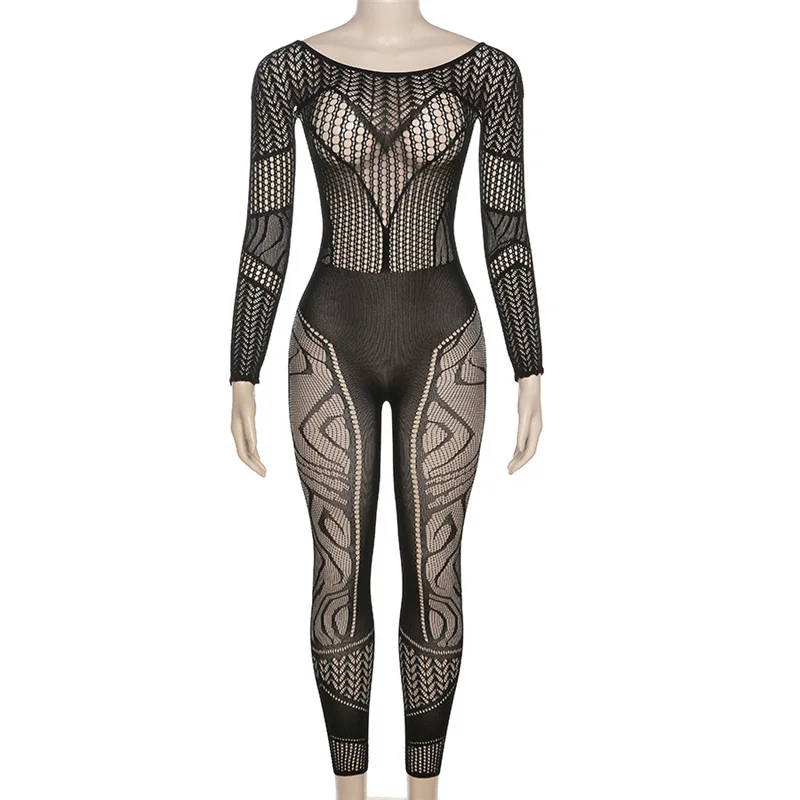 Women See Through Knit Mesh Jumpsuits 2024 Autumn Sexy Hollow Out Wide O-neck Long Sleeve Skinny Overalls Clubwear Romper