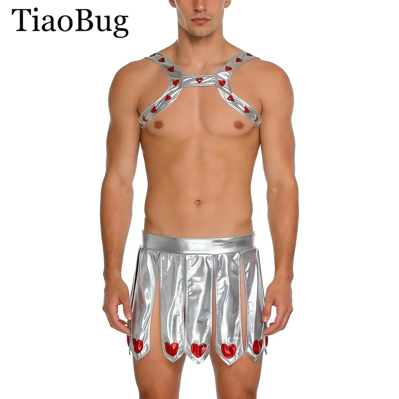 

Mens Fancy Cupid Cosplay Costume Metallic Shiny Heart-embellished Chest Harness And Slit Skirt Set Halloween Carnival Clubwear