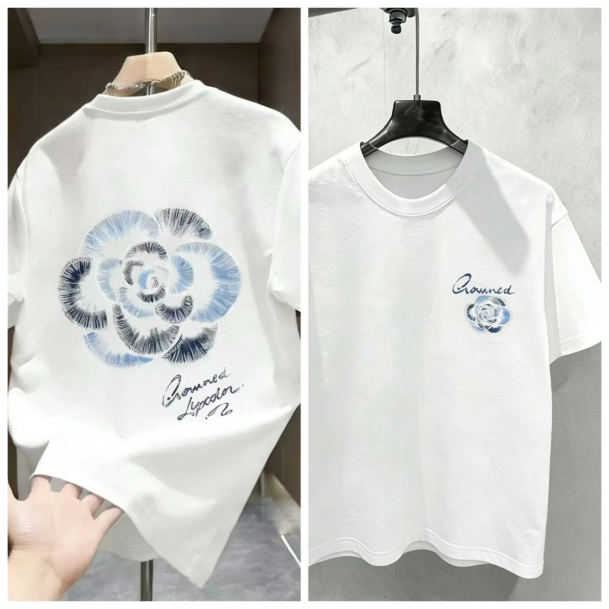 2026 Summer Camellia Minimalist T Men's Neutral New Short Sleeve Light Luxury Rascal Handsome Casual Hand drawn Printed T-shirt