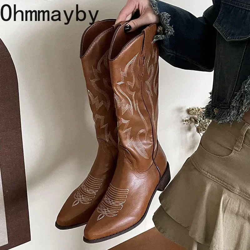 Vintage V mouth Women Western Knee-High Boots Fashion Pointed Toe Shoes Autumn Winter Thick Heel Ladies Knight Long Booties