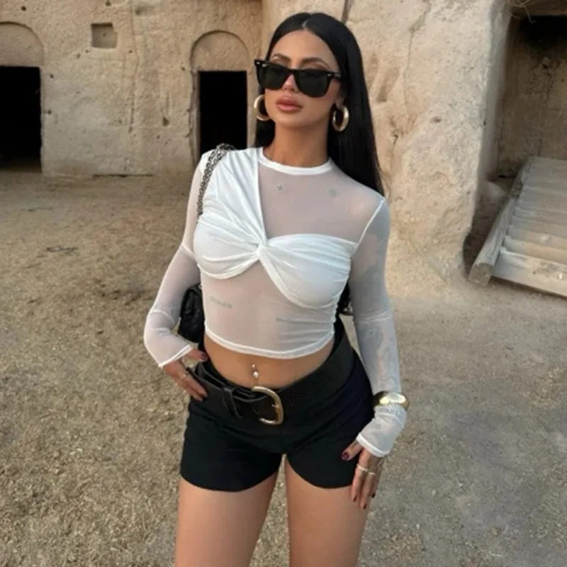 

Talenza White Twist Top Модный сексуальный прозрачный лоскутный топ с длинными рукавами Однотонная уличная одежда Slim Party Looks Y2k Женские топы