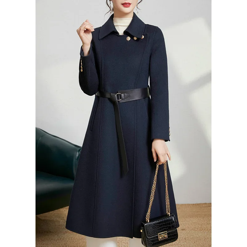 Double-sided cashmere coat women's medium and long woolen coat Hepburn style 2023 autumn and winter new British style wool coat