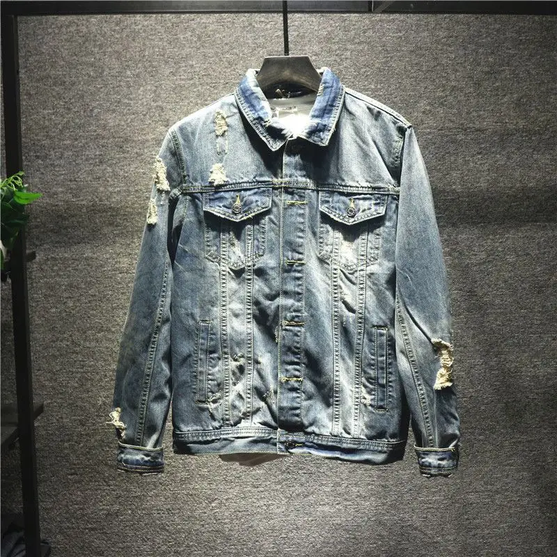 

2023 denim jacket men's American casual slim fitting and handsome jacket men's nostalgic retro and worn-out beggar men jacket