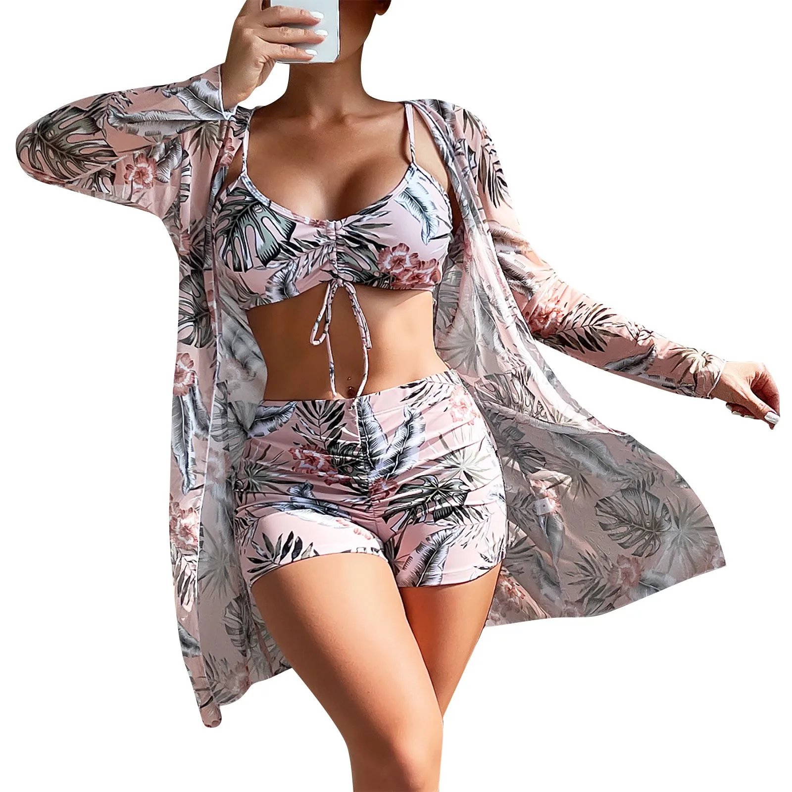 Women Bikini Set Sexy High Waisted Bikini Three Pieces Floral Printed Swimsuit With Mesh Long-Sleeved Blouse plus Size 2023 New