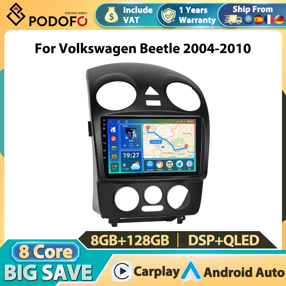 Podofo 8+128G Carplay Lecteur multimédia pour VW Beetle 2004-2010 Android Auto Systèmes intelligents pour voiture GPS Mirror Link Radio multimédia WIFI 4G FM RDS