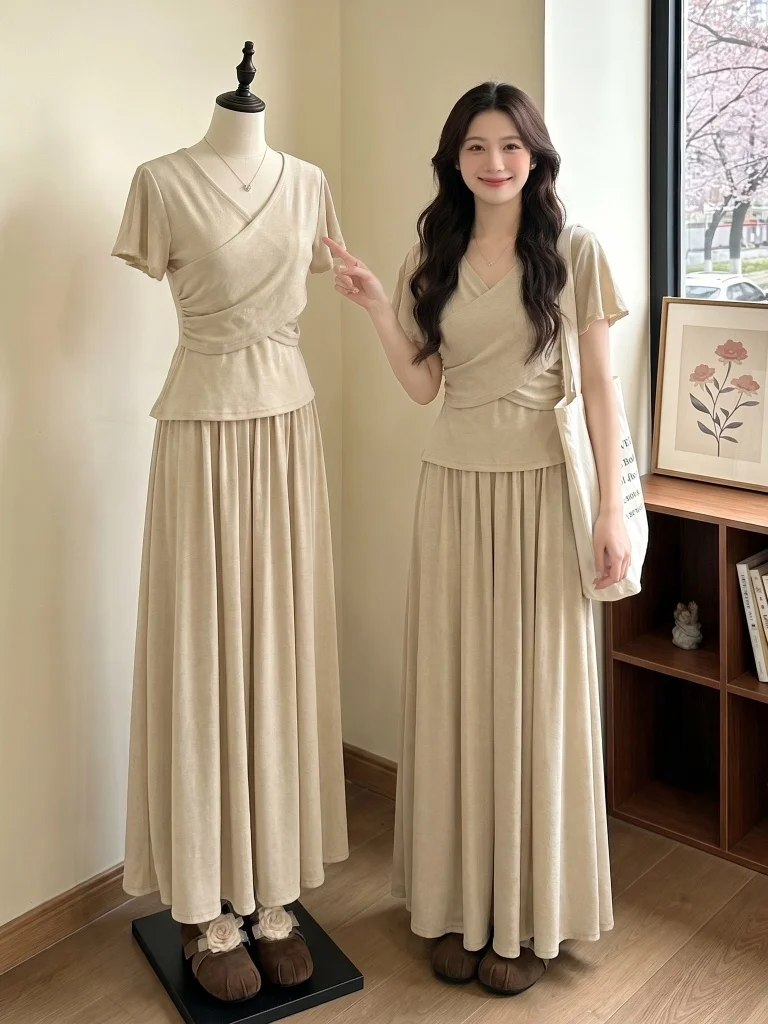 

plus Size Women's Summer Fashion Set Khaki Color Short Sleeve Waist-Cinching Two-Piece Suit Slimming Effect Casual Wear