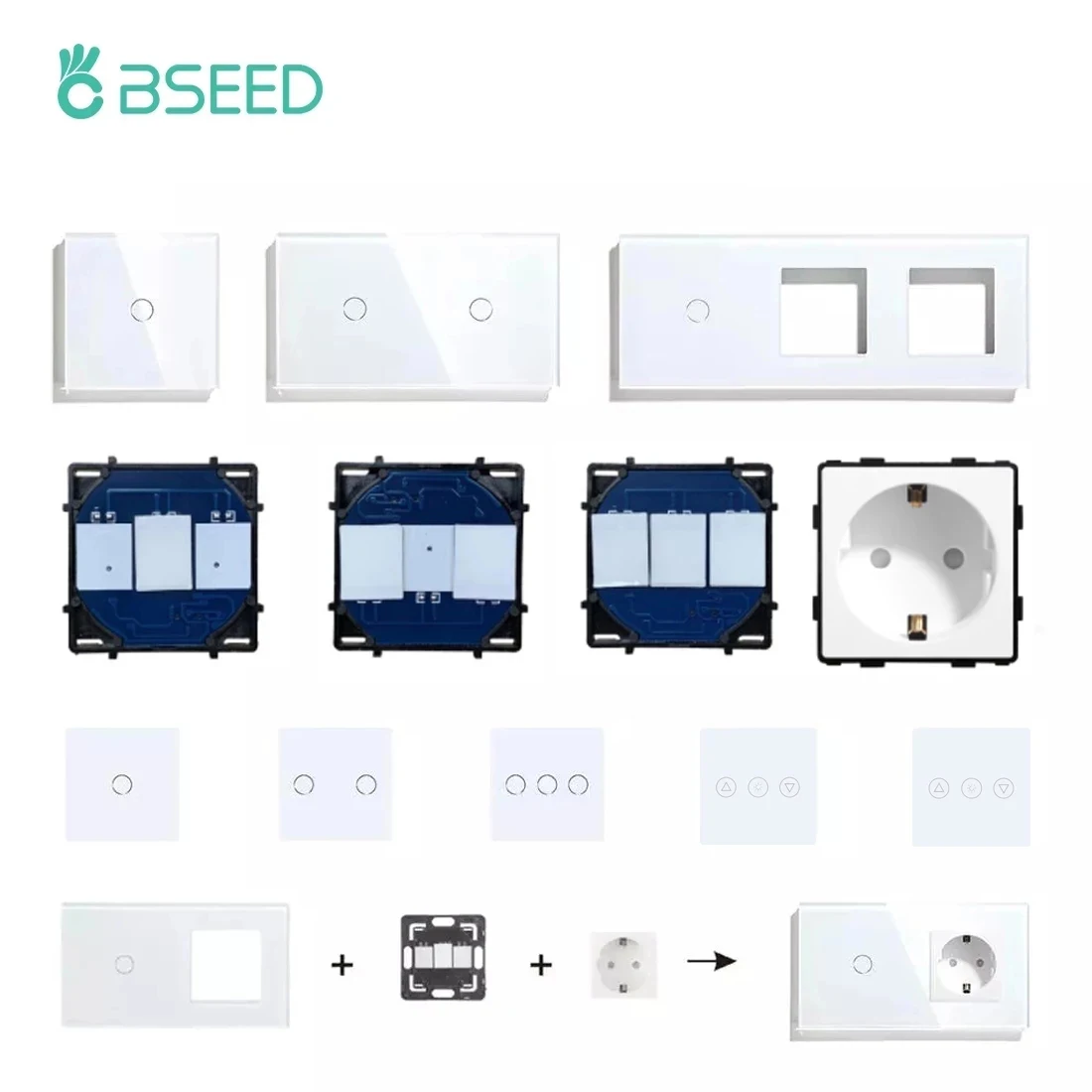 BSEED UK EU RU Standard Crystal Glass Panel Frames 1/2/3Gang 1/2Way Wall Touch Switch Base Wall Socket Function Part DIY Part