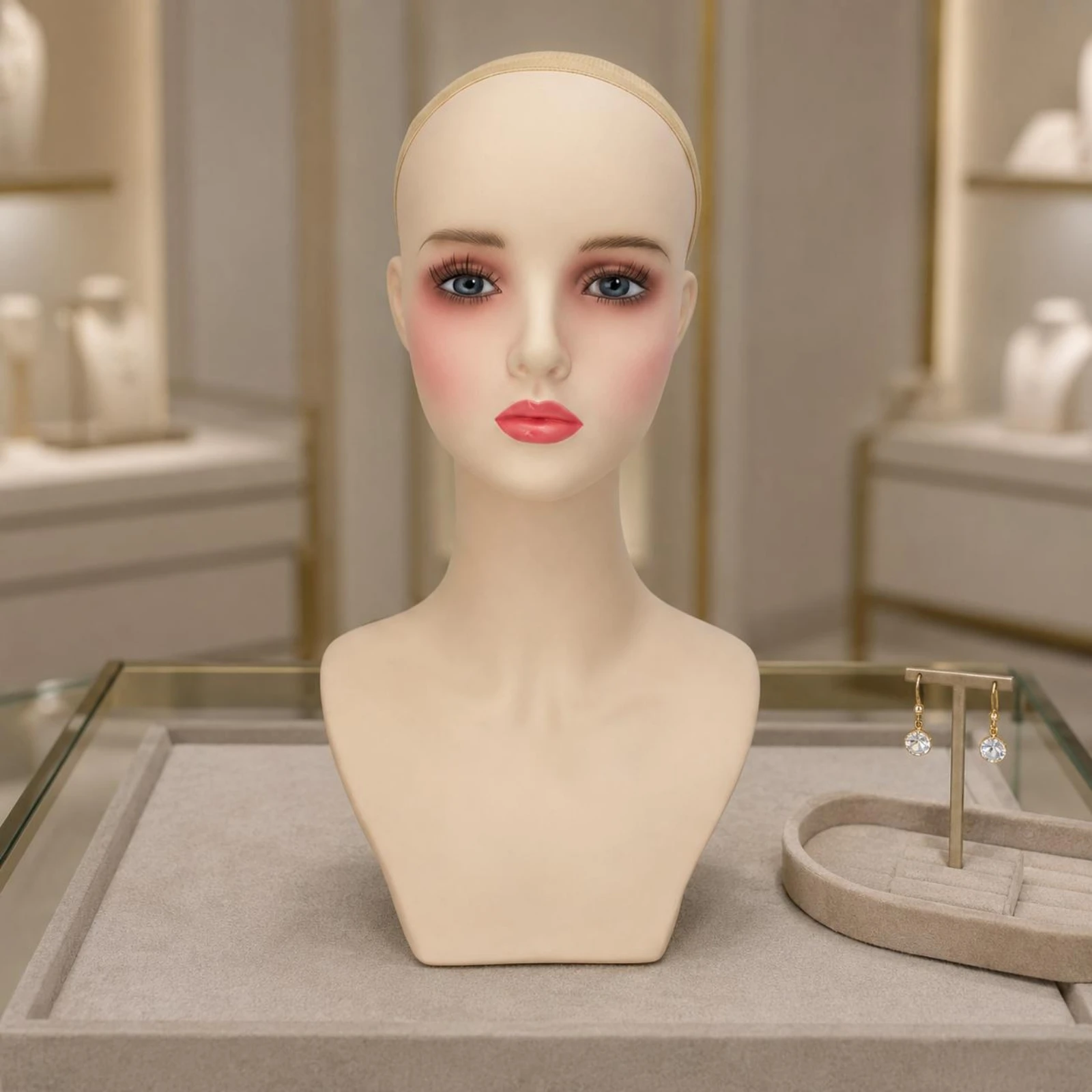 Mannequin Head with Shoulders Matte Finish Hairpiece Bust Mannequin Hairpiece Display Bust Skin-Tone Beige Jewelry Display Head