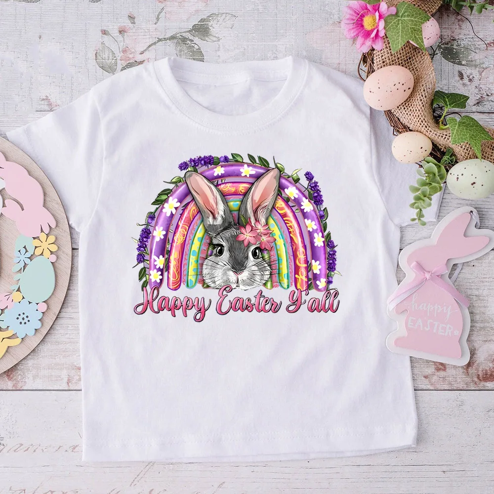 Bunny&HAPPY EASTER Kids T-shirt Rainbow Pattern Child Tshirts Short Sleeve summer Tee Tops Easter Casual Kid Clothes